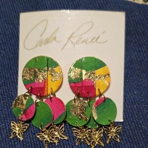 Vintage Designer Carla Renee Colorblock Gold Leaf Butterfly Drop Earrings